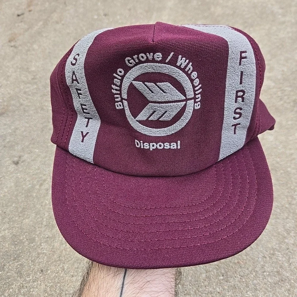 VTG SAFETY FIRST Buffalo Grove Garbage Disposal Trucker Hat Puff Prt Snapback 80